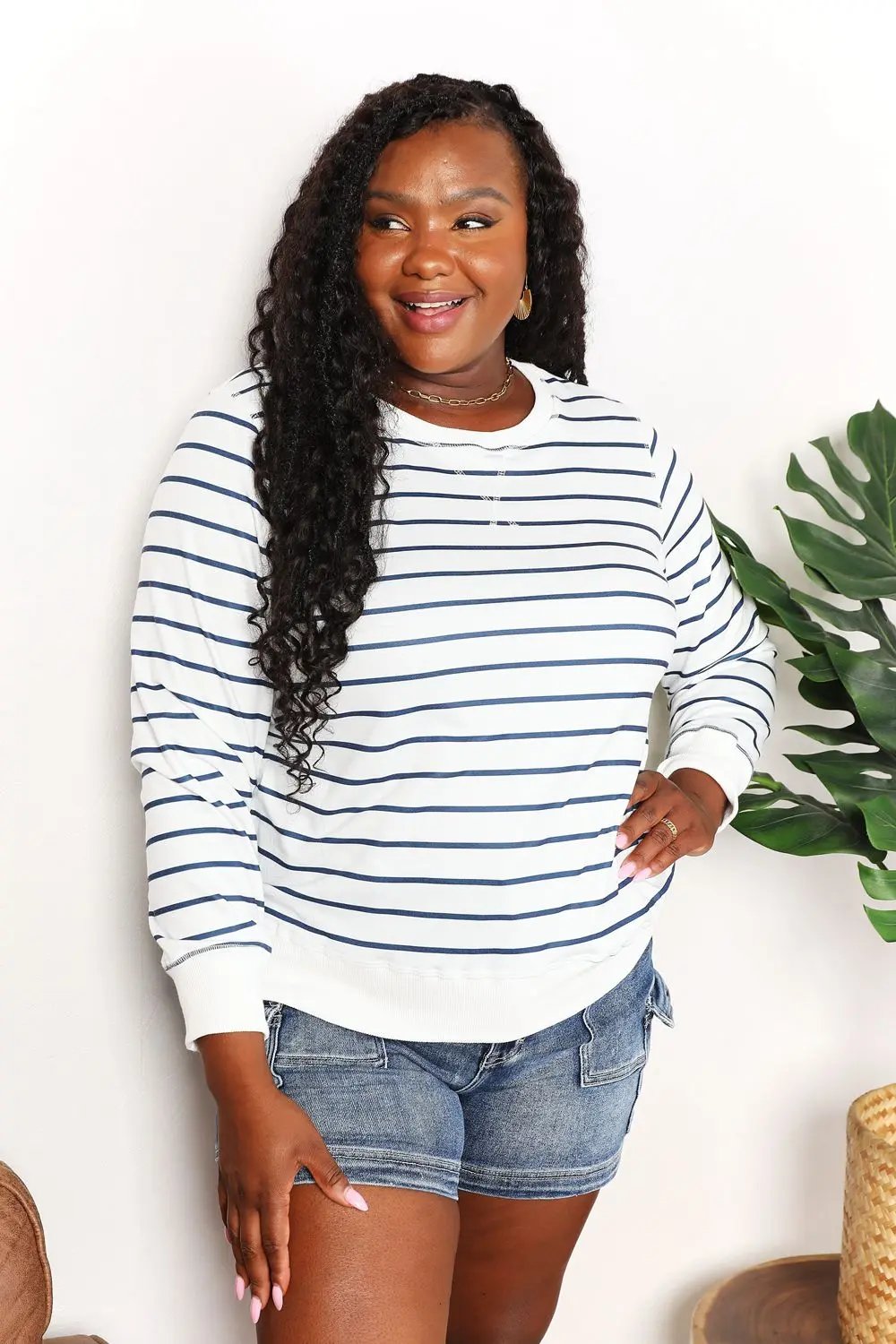 Double Take Striped Long Sleeve Round Neck Top - Love Salve
